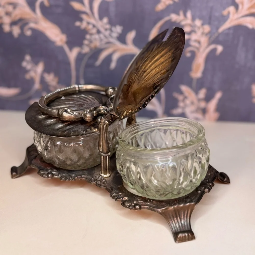 Antique 1900s Shell Shaped Silver Toned Double Salt Cellar with Cut Glass READ